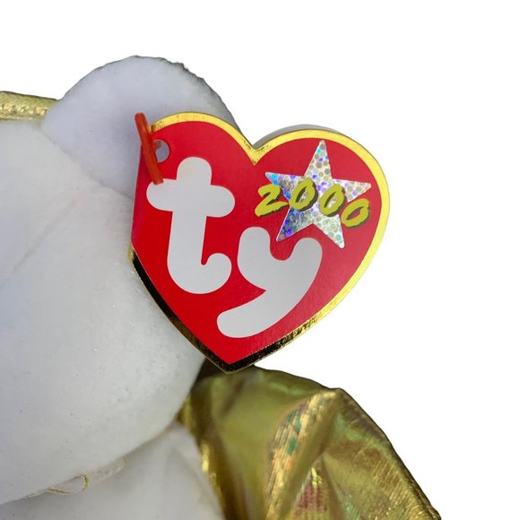 RARE HALO II Angel Bear TY Beanie White Gold Wings Brown Nose PE Pellets 2000 - Picture 3 of 7